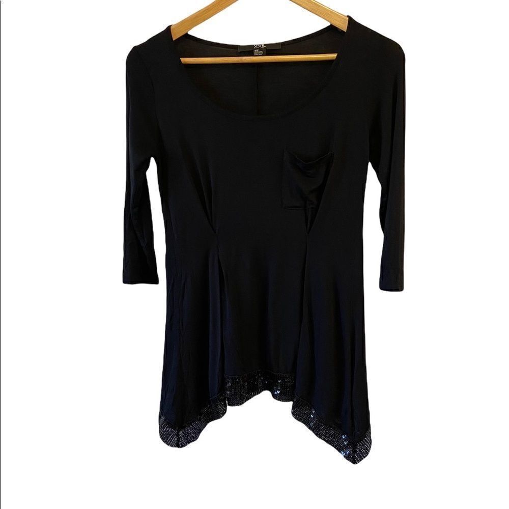 FOREVER21 Sequin Bottom Trim Lightweight Flowy  3/4 Sleeve Front Pocket Top S